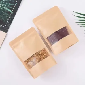 Brown Kraft Paper Doypack Packaging Pouches Clear Window Resealable Ziplock Heat Sealable Smell Proof Food Gravure Printing