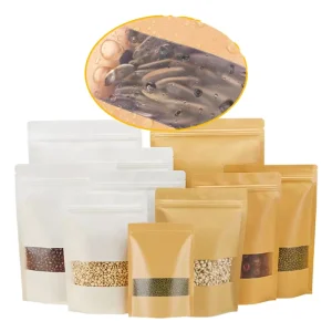 Brown Paper Bag Reusable Stand-up Zipper Pouches Window Food Grade Storage Nut Potato Chip Packaging Surface Handling