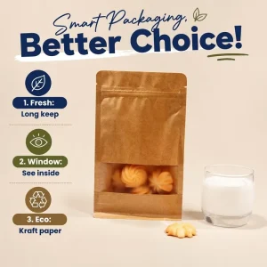 Brown Resealable Paper Plastic Composite Bag Kraft Stand up Pouches with Window Ziplock Stand up Bags for Home or Business