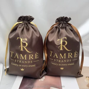 Brown Satin Bag for Hair Extension Bundles Premium Wig Packaging Satin Drawstring Dust Bag