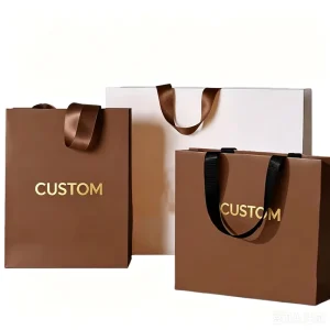 Brown & White Luxury Shopping Bags With Grosgrain Ribbon Handles Custom Gold Foil Brand Logo Print for High end Merchandise