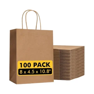 Bulk 100pcs Brown Kraft Paper Bags with Handles 8×4.5×10.8 Inch 200*110*270cm Gift Bags for Retail Party Shopping