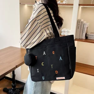Casual Laptop Tote Handbags for Women Large Capacity Embroidery Letter Ladies Shoulder Bags Canvas Female Travel Shopping Bag