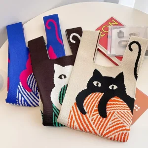 Casual Women Knot Wrist Knitted Tote Bags Custom Printing Logo Polyester Recycled Cute Knitted Shopping Handbag