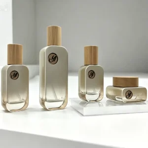 Champagne Square Glass Cosmetic Bottle Set Natural Wood Cap Serum Pump Bottle Cream Container for Skin Care