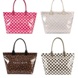 Checkerboard PVC Tote Bag Travel Shopping Checkered Handbags Fashion Large Capacity Waterproof Clear Shoulder Bag
