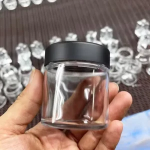 Child Resistant Glass Jar for Dry Flowers 3oz Clear Glass Container with Glossy Black Smooth Flat CR Caps