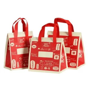 China Factory Stock Eco Red Fortune Durable Supermarket Takeaway Bag Food Delivery Non Woven Tote OEM Custom Logo Bulk Discount