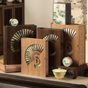 Chinese Style Tea Packaging Box Bamboo Grain Wood Fan Hollow Design Black Tea Green Tea Universal Gift Box Empty Box
