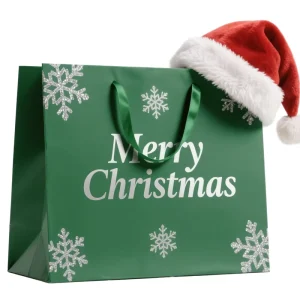 Christmas Gift Bag Green Paper Bag Ribbon Handle Xmas Holiday Gift Packaging Custom Logo Option