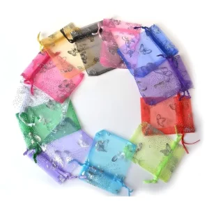 Christmas Gift Bag Organza Drawstring Pouch Butterfly Foil Stamped Sheer Mesh Fabric Household Wedding Party Favor