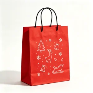 Christmas Red Gift Tote Bag White Line Drawing Xmas Elements Black Rope Handle Portable Paper Bag for Holiday Gift Packaging