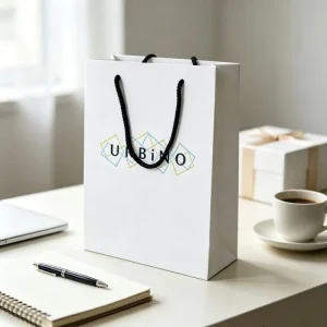 Classic Monochrome Design White Paper Bag with Black Nylon Rope Handle Custom Logo Shopping Bag Gift Bag Factory
