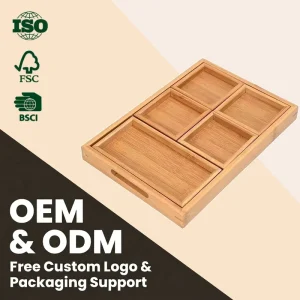 Classic Rectangle Lacquer Bamboo Wood Tray Box with 5 Plot Combi Design for Dry Fruit Snacks Sugar Tea Cup Storage