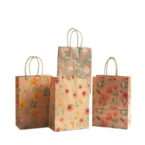 Classic Vintage Floral Print Kraft Paperboard Gift Bags Cotton Rope Twisted Handles Recyclable Eco-Friendly Promotion Shopping