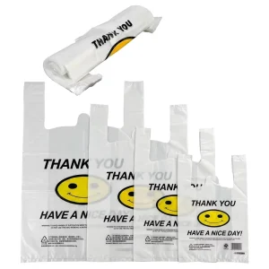 Clear Durable HDPE Plastic Smile Face Gusset Thank You T Shirt Shopping Bag for Supermarket and Grocery Shopping