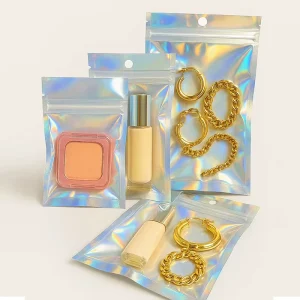 Clear Front Foil Back 3 Side Seal Hologram Laser Plastic Bag with Zipper Heat Seal Packaging Bags for Jewelry