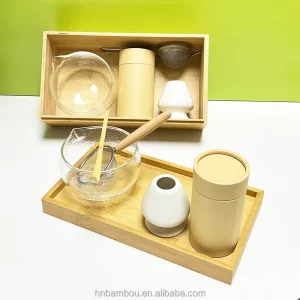 Clear Glass Bowl with Spout Bamboo Box Tea Matcha Kit with Custom Logo