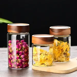 Clear High Borosilicate Glass Handmade Food Grade Round Storage Container Jar with Wooden Screw Cap for Kitchen Use