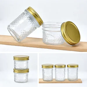 Clear Pattern Glass Mason Jars Gold Lids Small Food Storage Containers for Jam Honey Spice Candle Making Packaging QM