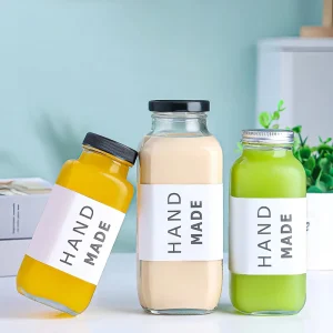 Clear Square Glass Milk Bottle 350ml with Metal Lid Plastic Cap for Juice Beverage Tea Smoothie Packaging Glass Bottle