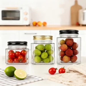 Clear Square Glass Storage Jar 280ml 390ml 540ml Pickle Sauce Coffee Bean Nut Glass Bottle with Metal Cap