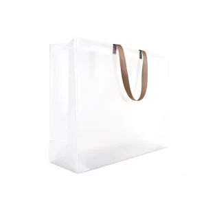 Clear Transparent Reusable PVC Square Bottom Tote Bag Brown Fabric Ribbon Handle Waterproof Shopping Bag for Supermarket Grocery