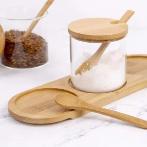 Condiment Container Seasoning Box Set Glass Condiment Canisters Pots With Wooden Spoon Lid and Base