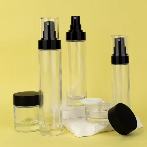 Cosmetic Packaging Set 120ml 100ml 50ml Straight Round Lotion Bottle with Matte Black Pump Clear Lid 50g 20g Cream Jar Spray Pump