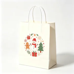 Cream Holiday Paper Gift Bag Lovely Round Snowman Gingerbread Christmas Print White Cord Handle Portable Gift Carry Bag