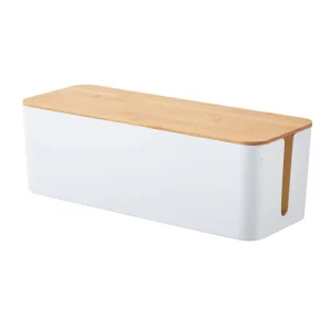 Creative Minimalist Plastic Desktop Cable Organizer with Bamboo Wood Lid Power Strip Storage for Data Cables and Chargers