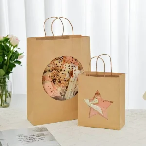 Creative Window Kraft Paper Handbag Simple Visual Packaging Eco Friendly Stylish Plastic Shopping Bag for Birthday Valentine’s