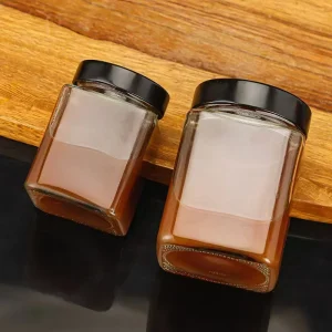 Custom 300ml 400ml 500ml Empty square Glass Jar with Deep Metal Lid for Canned Fruit Storage Containers with Honey Jam