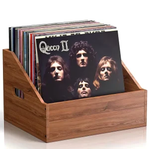 Custom Bamboo Acacia Wood Polished Varnished Multifunction Storage Record Case Box Home Decor Record Organizer Display Stand
