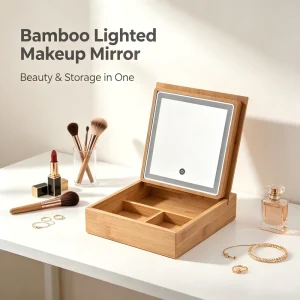 Custom Bamboo Jewelry Makeup Mirror Box with LED Lights Wooden Makeup Organizer Support Personalized Logo