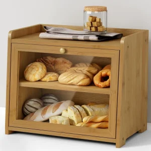 Custom Bamboo Wood Home Kitchen Breadbox Modern Two Layers Bread Bin Set Storage Container Corner Bread Holder for Windows