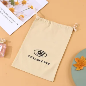 Custom Beige Canvas Drawstring Dust Bag Temple Storage Pouch Silk Screen Logo MOQ 200 pcs Factory Direct