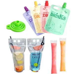 Custom Biodegradable Food Grade Liquid Beverage Packaging Disposable Plastic Juice Drinking Spout Pouches Bags with Straw Hole