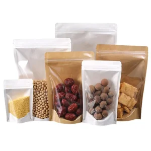 Custom Brown Kraft Paper Stand Pouch Gravure Printed Transparent Window Plastic Bag Dried Fruit Snacks Tea Zipper Closure