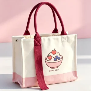 Custom Canvas Mini Tote Bag BERRY BOWL Fruit Dessert Print Cream Pink Burgundy Ribbon Handle Hand Bags