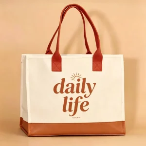 Custom Canvas Tote Bag Daily Life Letter Sun Print Cream Brown PU Trim Handle for Back to School September Bulk Purchase