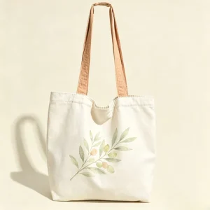 Custom Canvas Tote Bag Watercolor Olive Branch Print Cream Tan Strap for Back to School September Bulk Procurement