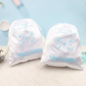 Custom Cartoon Cat Logo Printed Satin Dust Bag Smooth Satin Fabric Drawstring Pouch for Skincare Makeup Gift Packaging