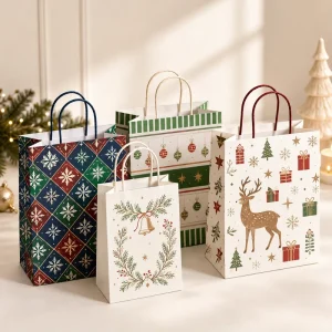 Custom Christmas Kraft Paper Gift Bags with Handles Reusable Eco-Friendly Thickened Paper Shopping Bags for Gift Packaging