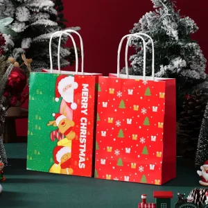 Custom Christmas Themed Kraft Paper Hand Bags Thickened Durable Strong Load Bearing Packaging Bags for Holiday Gift