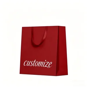Custom Classic Matte Red Paperboard Gift Bag with Satin Ribbon Handle Screen Printed for Clothing & Shoes
