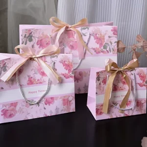 Custom Classic Recyclable Romantic Floral Waterproof Reusable Eco Friendly Paper Gift Bags Ribbon Drawstring Light Pink Peony
