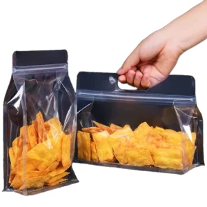 Custom Clear Eight Sided Flat Bottom Stand Up Pouch Food Grade Moisture Proof Plastic Bag with Handle for Grain Coffee Dry Goods