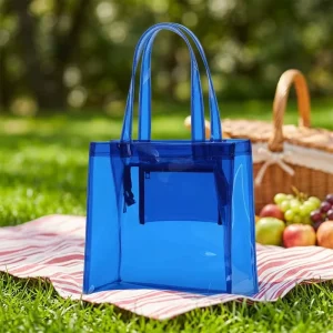 Custom Clear PVC Beach Tote Bag with Zipper Closing and Pocket Transparent Shopping Bags for Supermarket and Exhibition