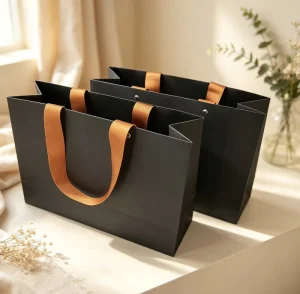 Custom Coated Paper Gold Foil Logo Printing Handmade Luxury Shopping Bags with Custom Shape Ribbon Handles for Small Businesses